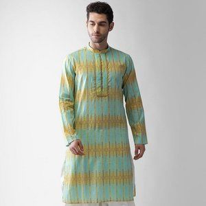 Men Blue Printed Regular Kurta with Patiala Knee length with straight hem Cotton
